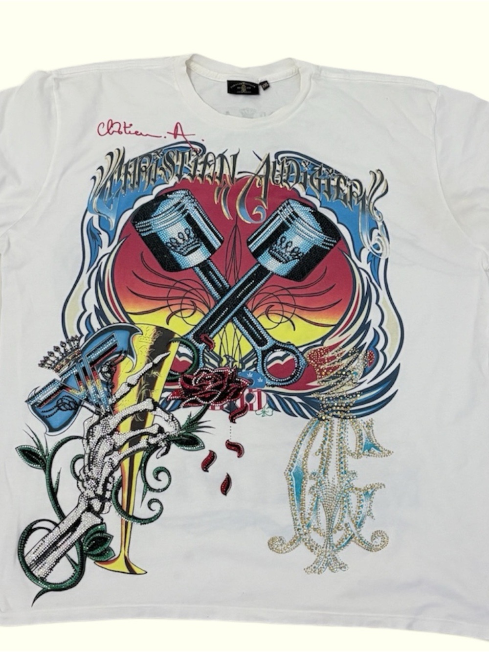Christian Audigier Rhinestone Studded Graphic Cream Crewneck T-Shirt